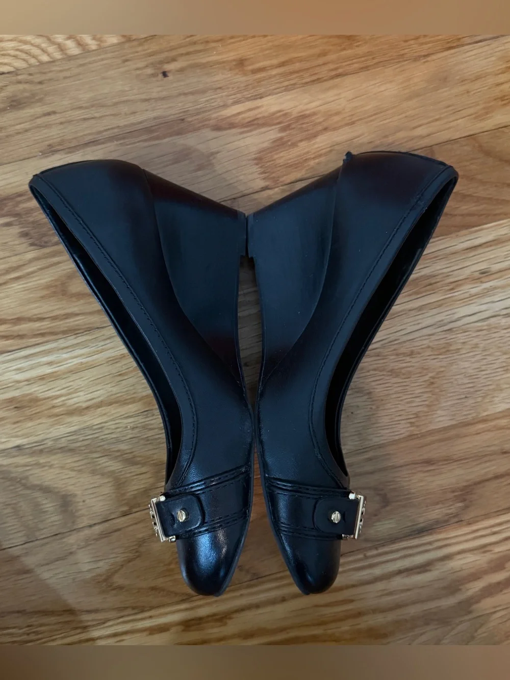 Tory Burch Ambrose 65mm Black Leather Logo Wedges Size 6.5 NEW